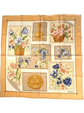 Vintage Burberrys Cotton Scarf Floral Panel Print Rolled Hem 20”